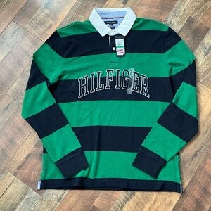 NWT Tommy Hilfiger Rugby Shirt Large Green Stripe Logo Long Sleeve Polo Large